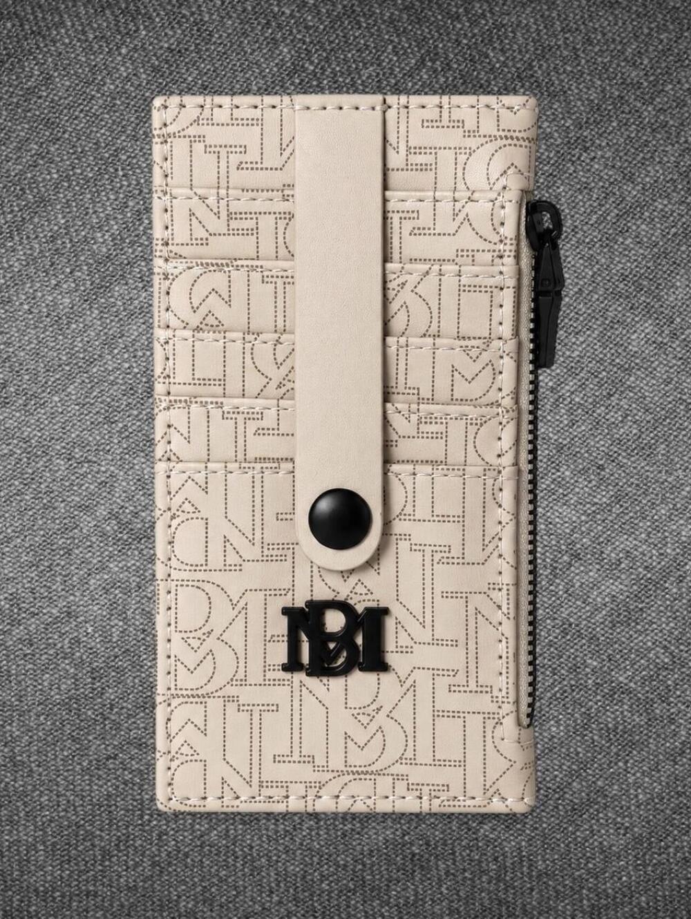 Badgley Mischka Beige Monogram Zip Card Holder Wallet